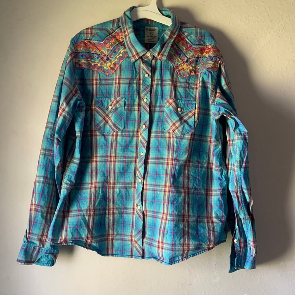 Panhandle Rough Stock turquoise plaid western snap button size XL
